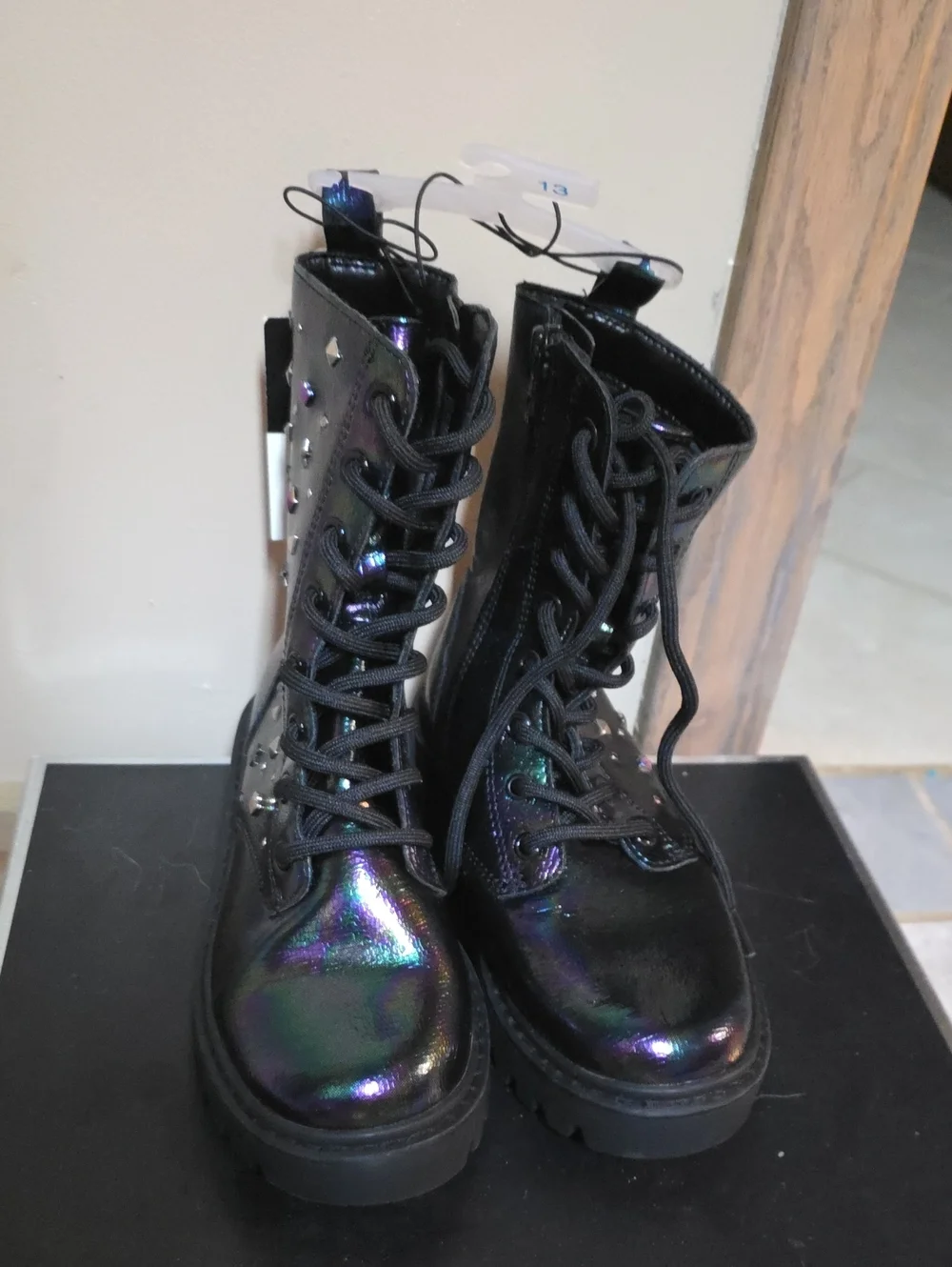 Iridescent Black Combat Boots for Kids Stylish Lace-Up